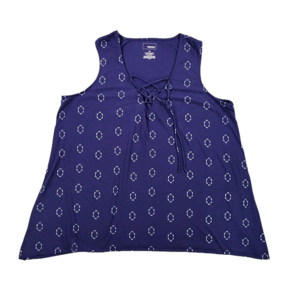 Sonoma Goods For Life Plus Sz 1X Blue Lace-Up V-Neck Sleeveless Blouse Geo Print - Picture 2 of 6